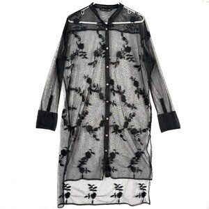 Zara Floral Embroidered Mesh Sheer Band Collar Long Sleeve Shirt Dress Womens S